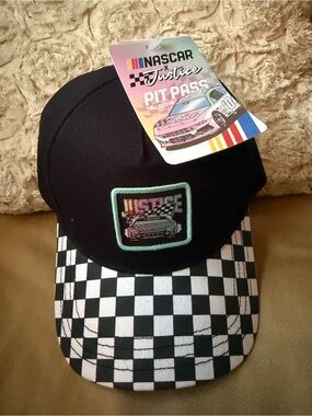 Nascar Kids Black Cap with Checkered Brim and Mint Patch